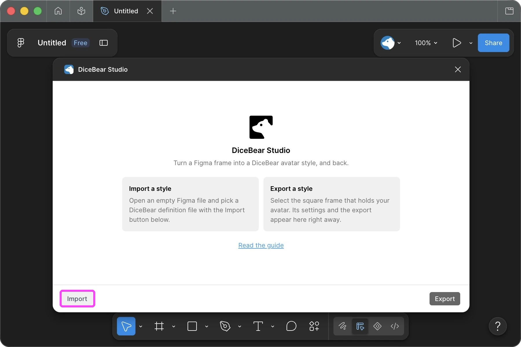 The Import button in the bottom left corner of the plugin