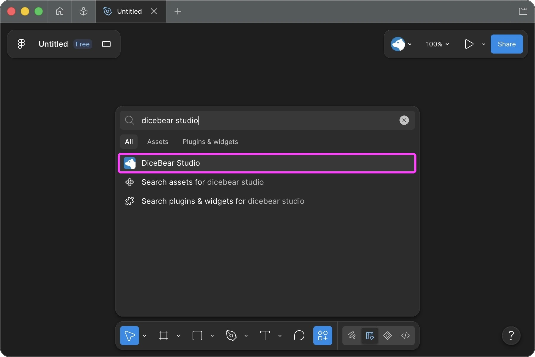 Searching for the DiceBear Studio plugin in Figma